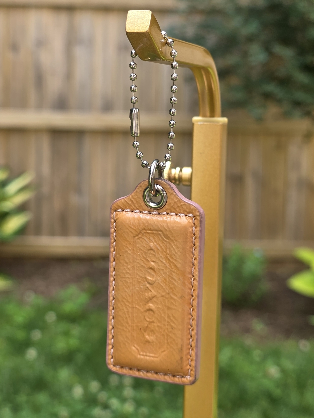 Coach Large Tan Glossy Finish Leather Hangtag with Silver Ball Chain